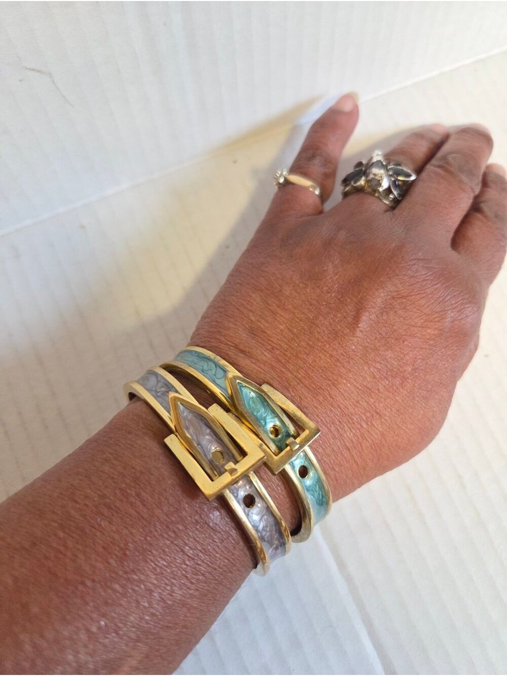 Vintage 2 Piece Pairing of Turquoise & Mauve Enamel Hinged Belt Buckle Bracelets